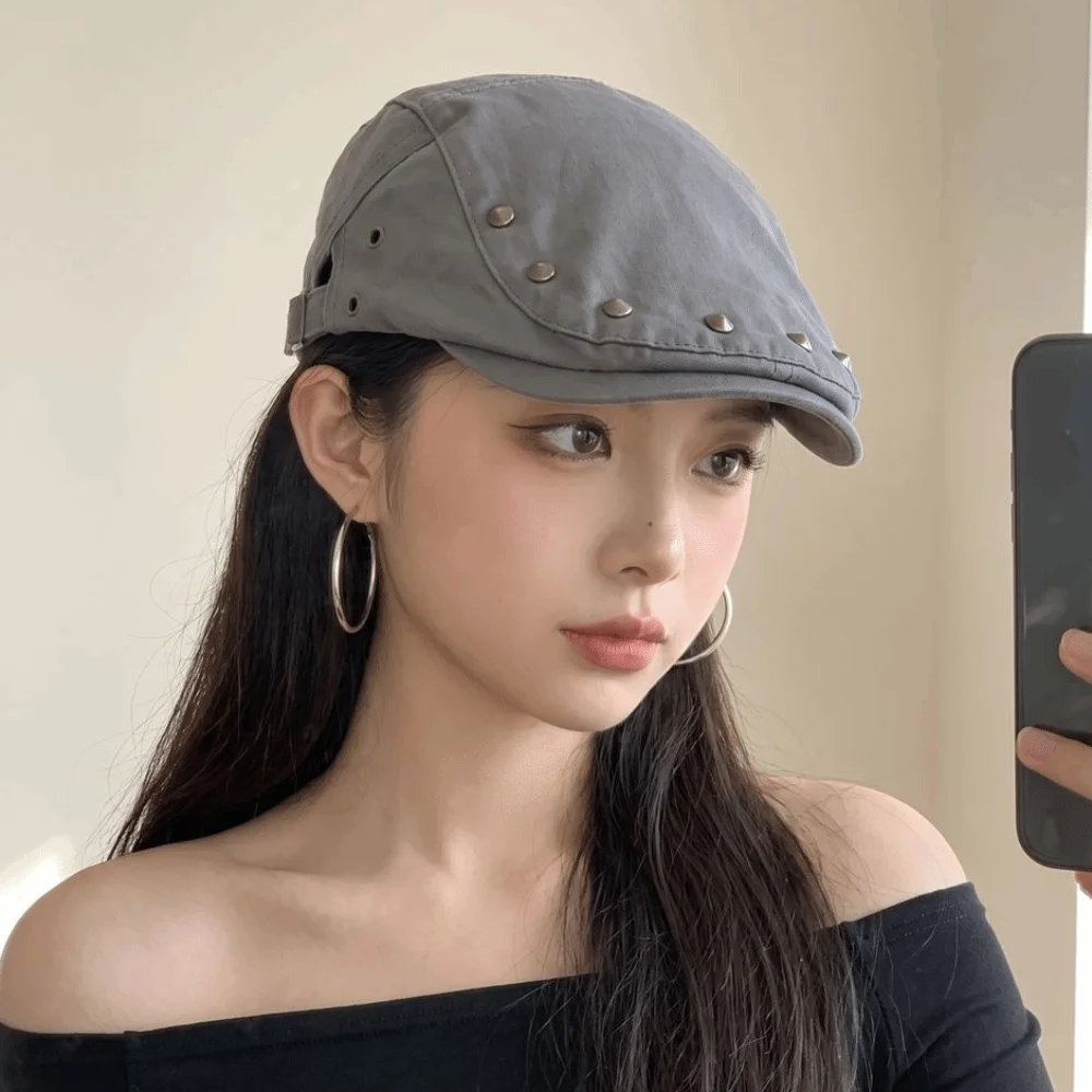 Fashion Y2k Rivet Beret Cotton Harajuku Newsboy Cap Visor Korean Style Forward Cap Streetwear