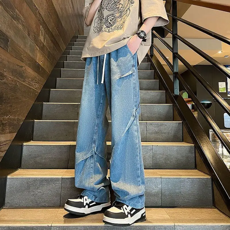 

Foufurieux Summer New Fashion Side Zipper Casual Jean Pants Men High Street Loose Straight Pant Mens Vintage All-match Trousers