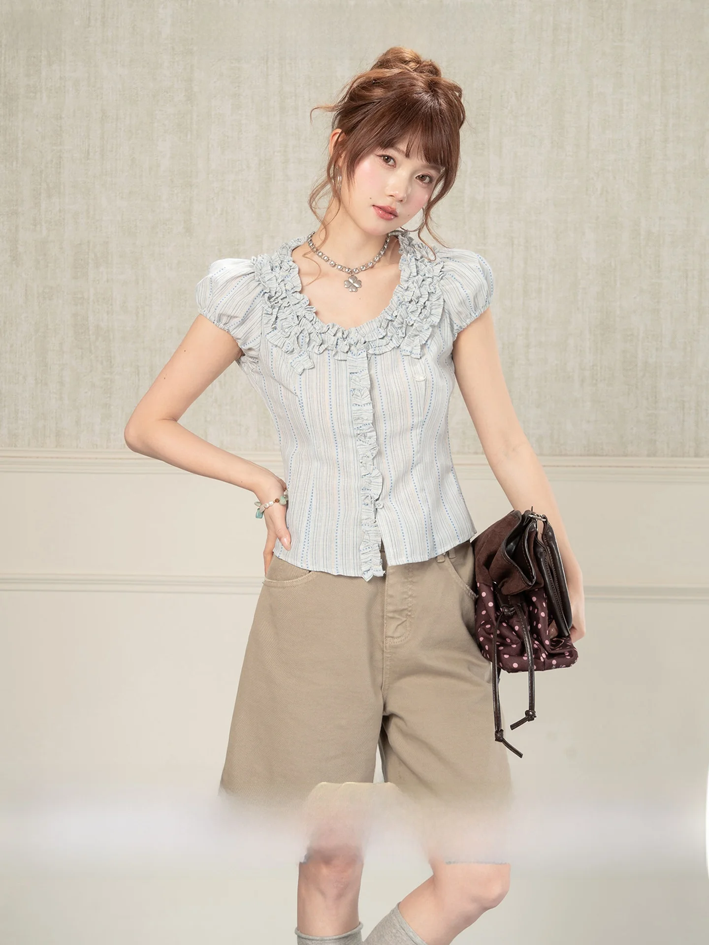 

Heynew Summer New Blue Striped Women's Shirt Button Short Sleeve Cotton Casual Style Loose Fit Bloomer Unique And Beauti...
