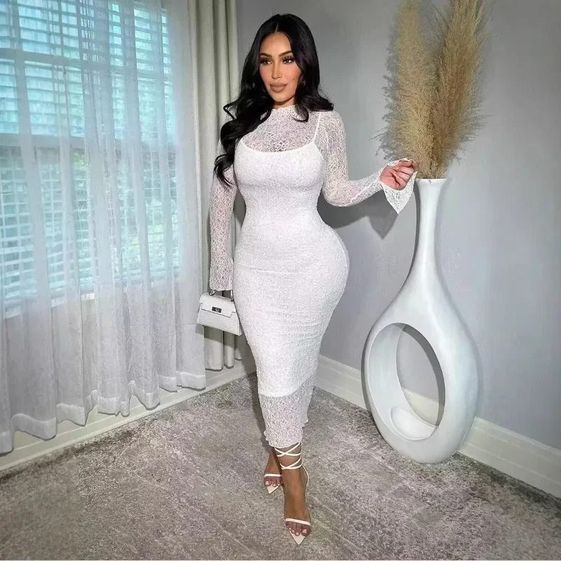 Guwu moda feminina novo fino puro renda manga longa maxi vestido ver através cobrir suspender sexy bodycon vestidos