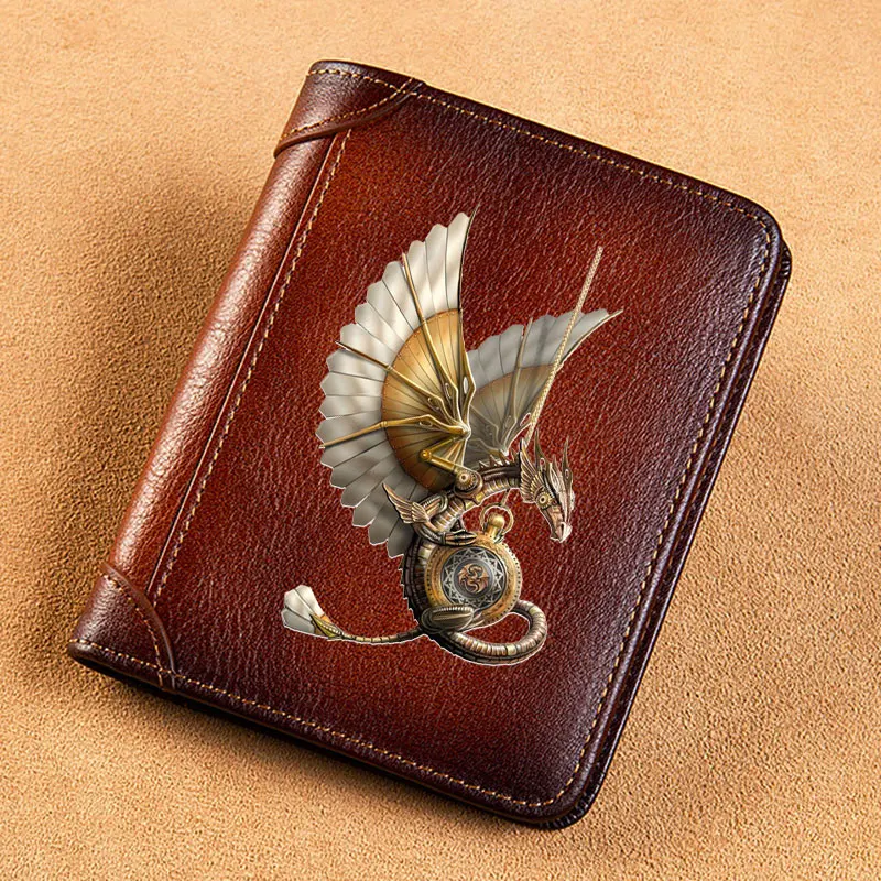 High Quality Genuine Leather Wallet Vintage Steampunk Dragon Printing Card Holder Male Short Purses BK959