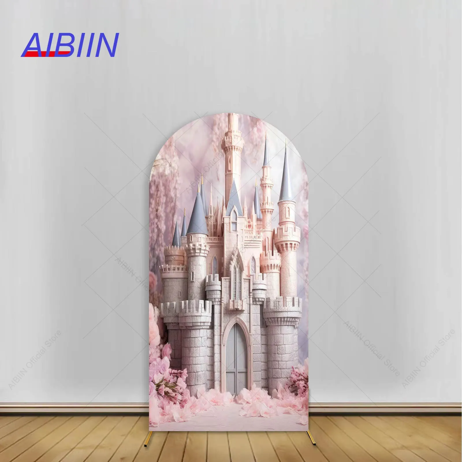 Aibiin เคสหลังซุ้มวันเกิดฉากหลังปราสาทสีชมพูรูปเจ้าหญิงเด็กผู้หญิงตกแต่งงานปาร์ตี้ผ้ายืดสแปนเด็กซ์พื้นหลังสำหรับถ่ายภาพ