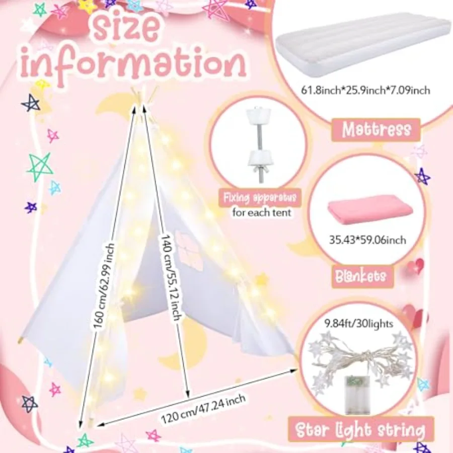 4 sztuki białych namiotów teepee dla dzieci na nocne przyjęcia, namiot na nocleg dla dziewczynek z materacem dmuchanym, pościelą i prześcieradłem z gumką
