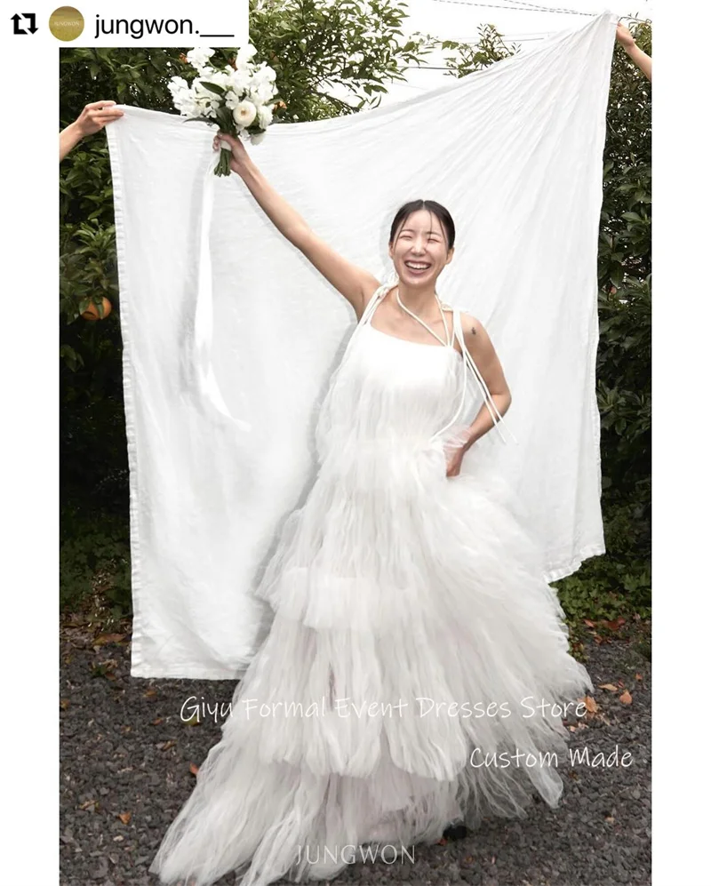 Giyu-Robes de mariée en tulle doux, robe de mariée coréenne, bretelles spaghetti, longueur au sol drapée à plusieurs niveaux, corset, dos-pays, séance photo