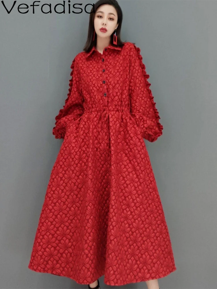 Vefadisa 2025 Spring Autumn New Red Jacquard Women Dress Lapel Long Sleeve Waist Design Dress Loose Emperament Dress LHX1248F1