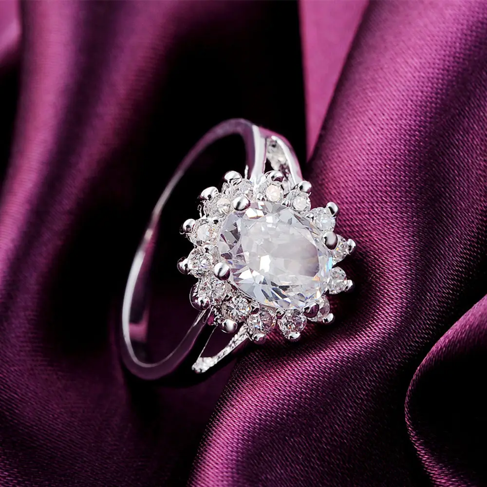 Women's 925 Sterling Silver Crystal Flower Moissanite Ring