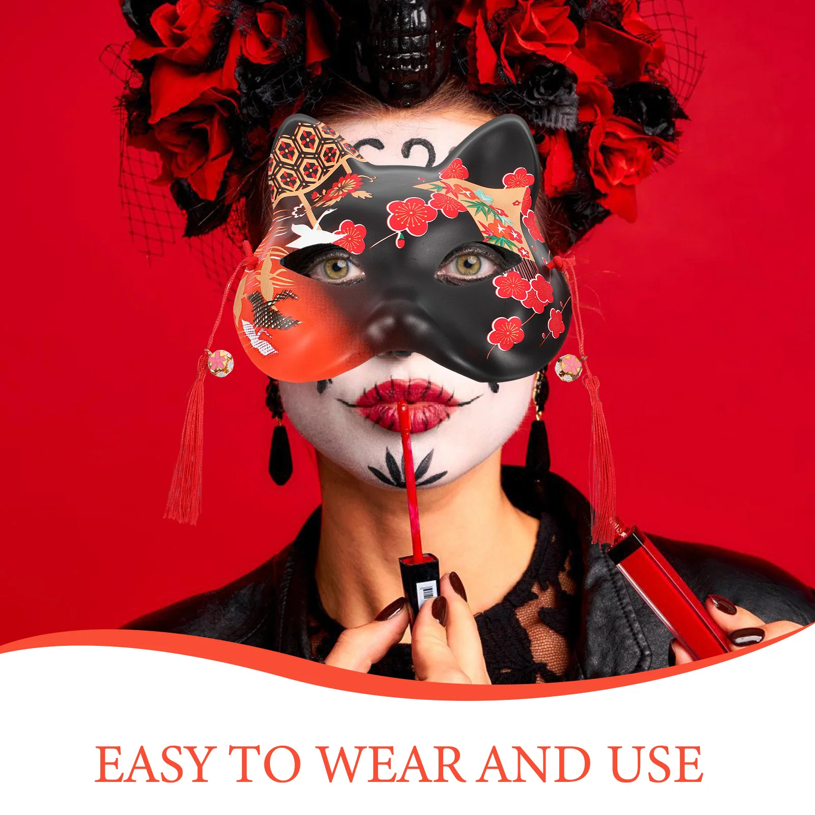 Katzen-Gesichtsmaske, handbemalt, realistisches Design mit elastischem Band für Halloween, Cosplay, Party, Karneval, Maskerade