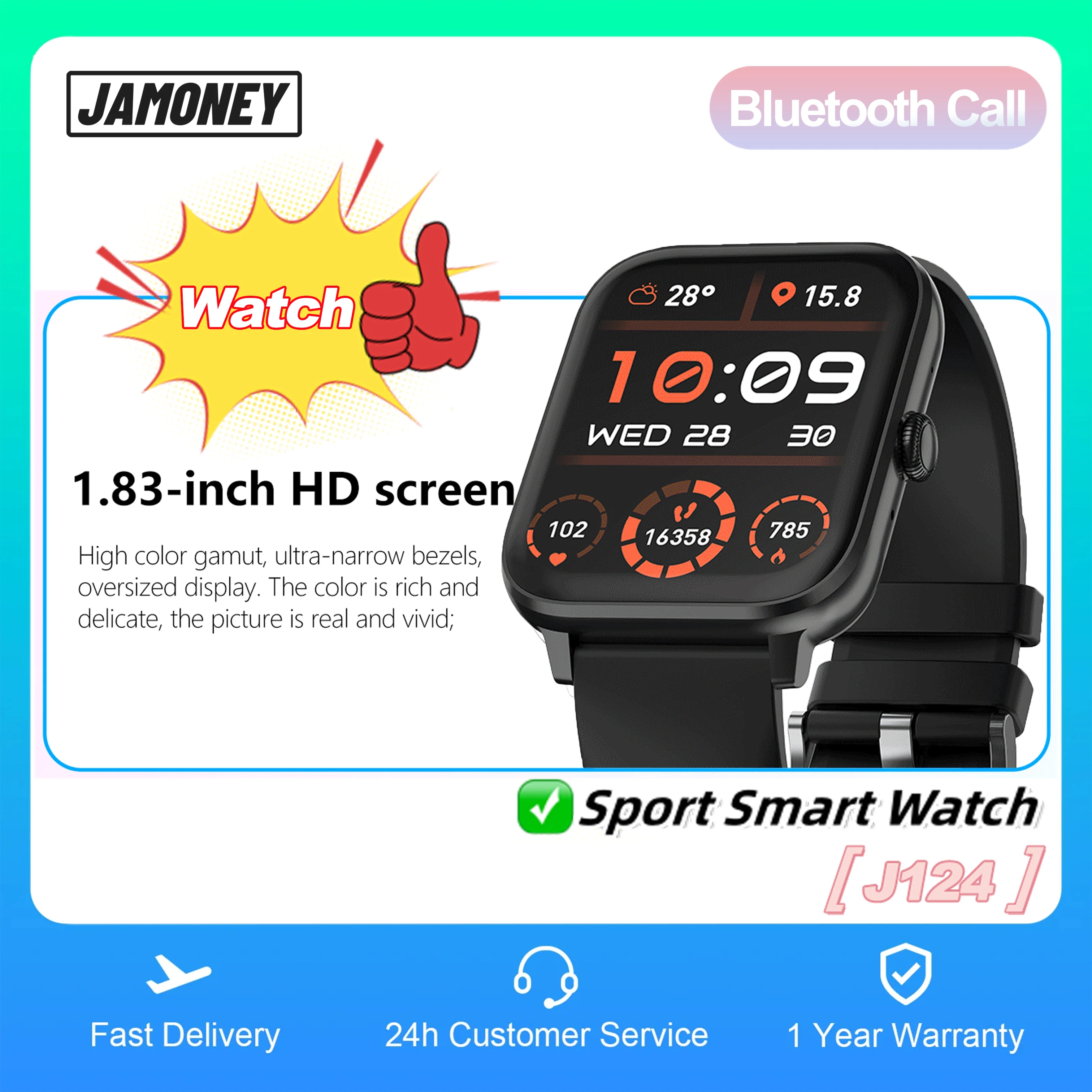 

Jamoney J124 Sport Smart Watch Fitness Tracker for Active Lifestyles Heart Rate Monitor Waterproof Perfect for Gym Enthusiasts