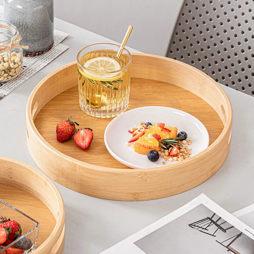 

Bamboo Serving Tray Round Design Heavy Duty Tea Tray for Kitchen Breakfast Nuts Fruits Desserts Restaurant Home Decor Use
