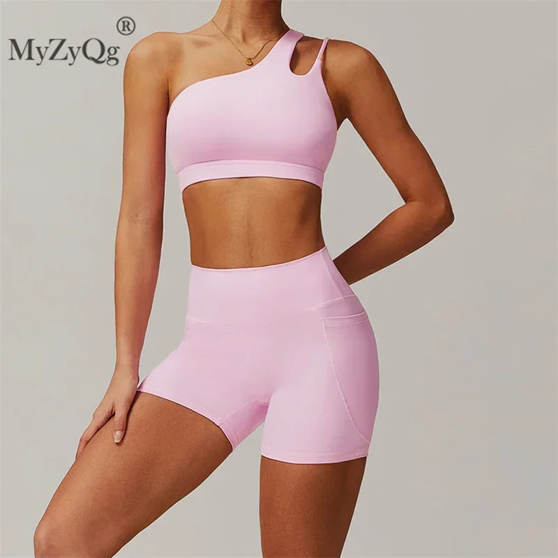 MyZyQg Summer Quick-drying Nude Sports Yoga Bra Pockets Shorts Set High Waisted Tight Breathable Running Fitness Shorts Sets