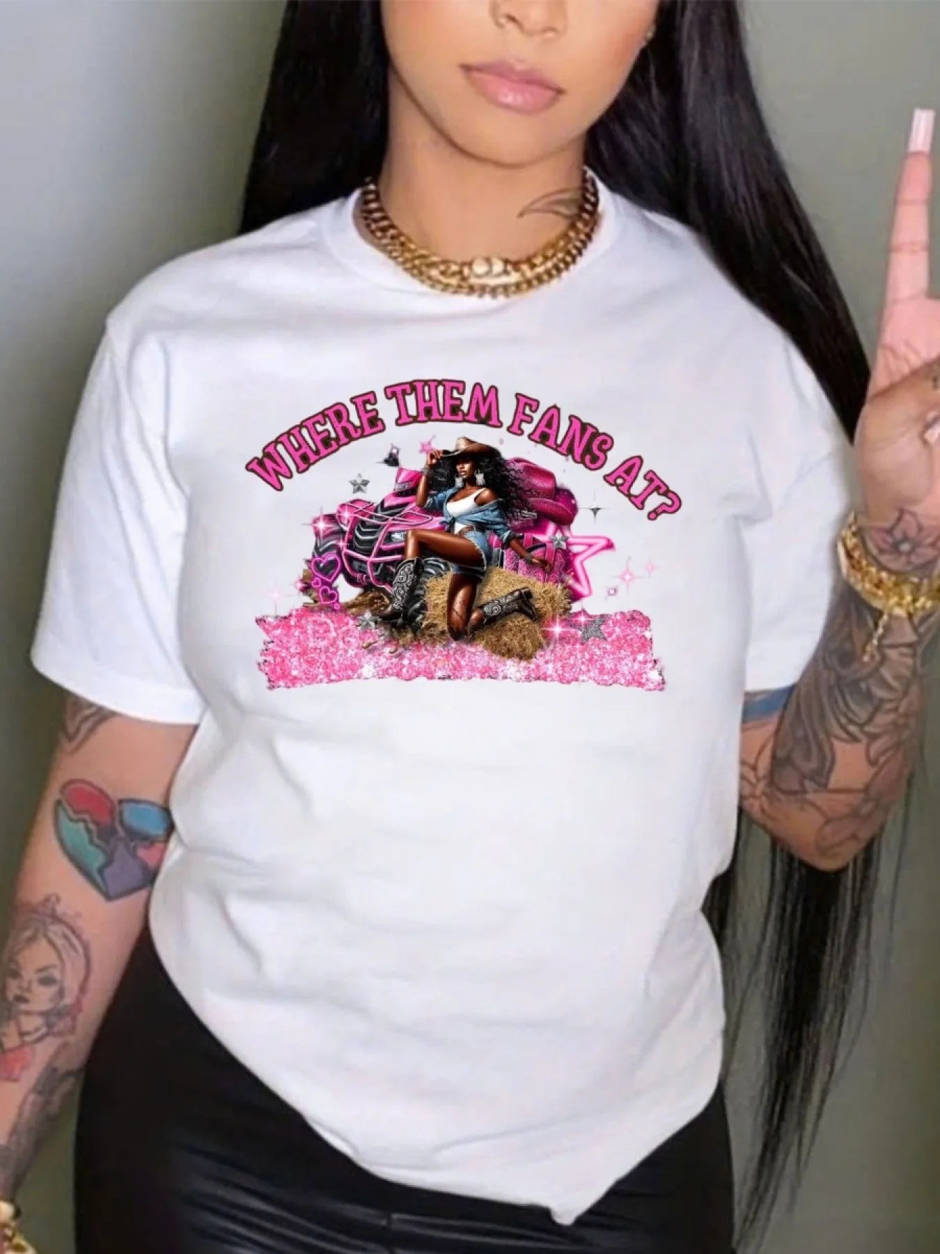 

Where Them Fans At Summer plus size women'S clothing Fashionable Casual Oversized T-shirt - Round Neck Short