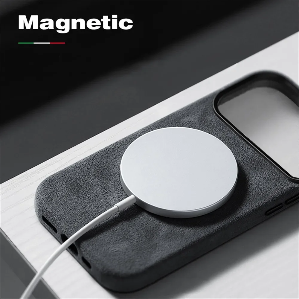 

Кожаный магнитный зарядный чехол премиум-класса для iPhone 12, 13, 14, 15, 16, 17 Pro Max, импортный замшевый металлический защитный чехол для камеры