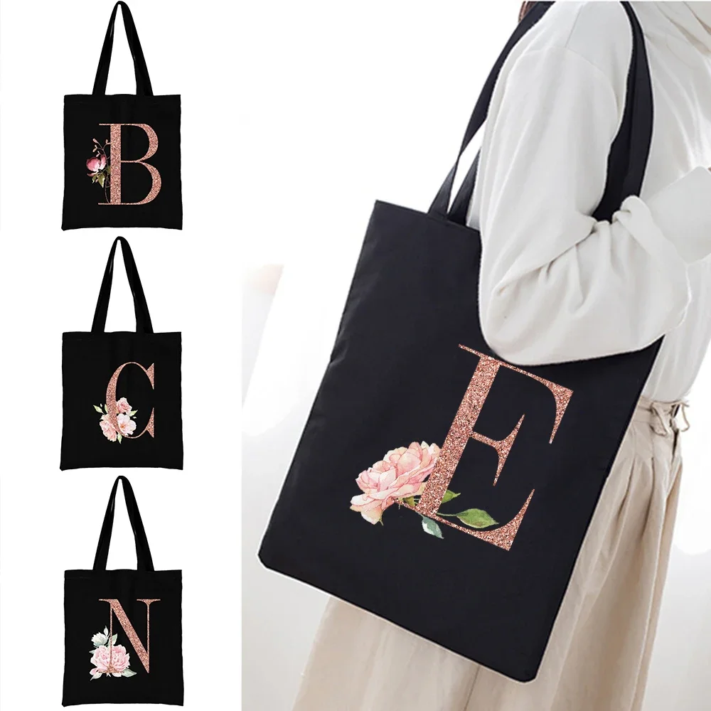 Shopping Shoulder Bags Canvas Tote Bag for Women Shopper Handbag Organizer Reusable Eco Storage Schoolbag Rose Gold Letter Print