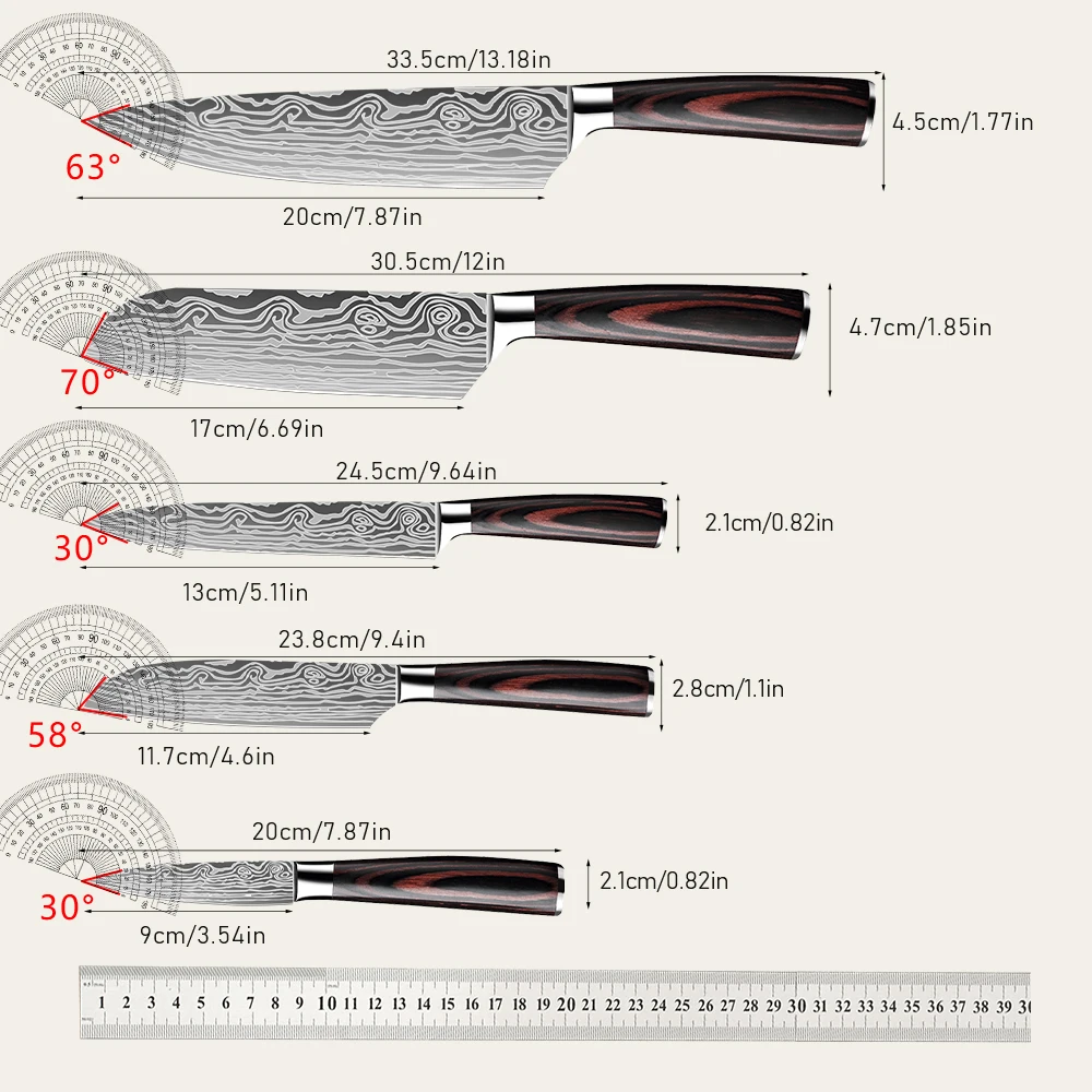 ZENG Küchenmesser-Set mit Lasermuster, Kochmesser, ultrascharfes Santoku-Schneidemesser, ergonomischer Holzgriff in Farbe, Kochmesser – Detail 9