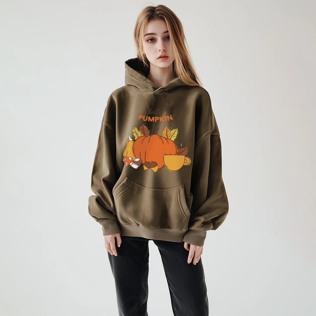 

Colorful Hello Pumpkin Trendy Graphic Hoodie Cusal Acid Washed Hoodie Retro Graphic Hoodie Vintage Ghetto Y2K Hoodie