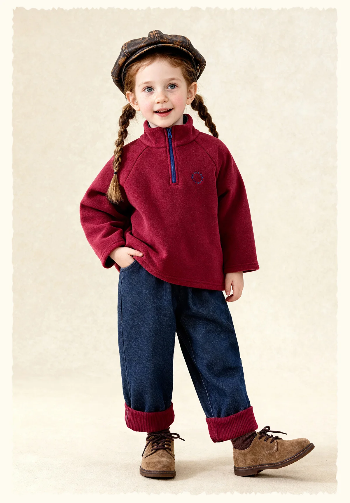 Amila 2026 Kinder Winter Denim-Plüsch-Freizeithose Rot Gestrickte Beine mit Bündchen Fruchtmuster Gesäßtasche Modisch und Niedlich – Detail 10