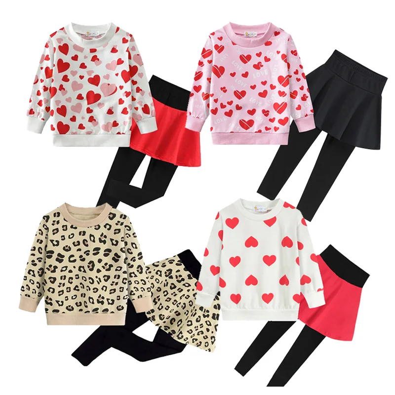 Little Hand Kids Girls Leopard Heart Print Long Sleeve Top Skirt Leggings Set Valentine Casual Outfit for 3-10 Years old