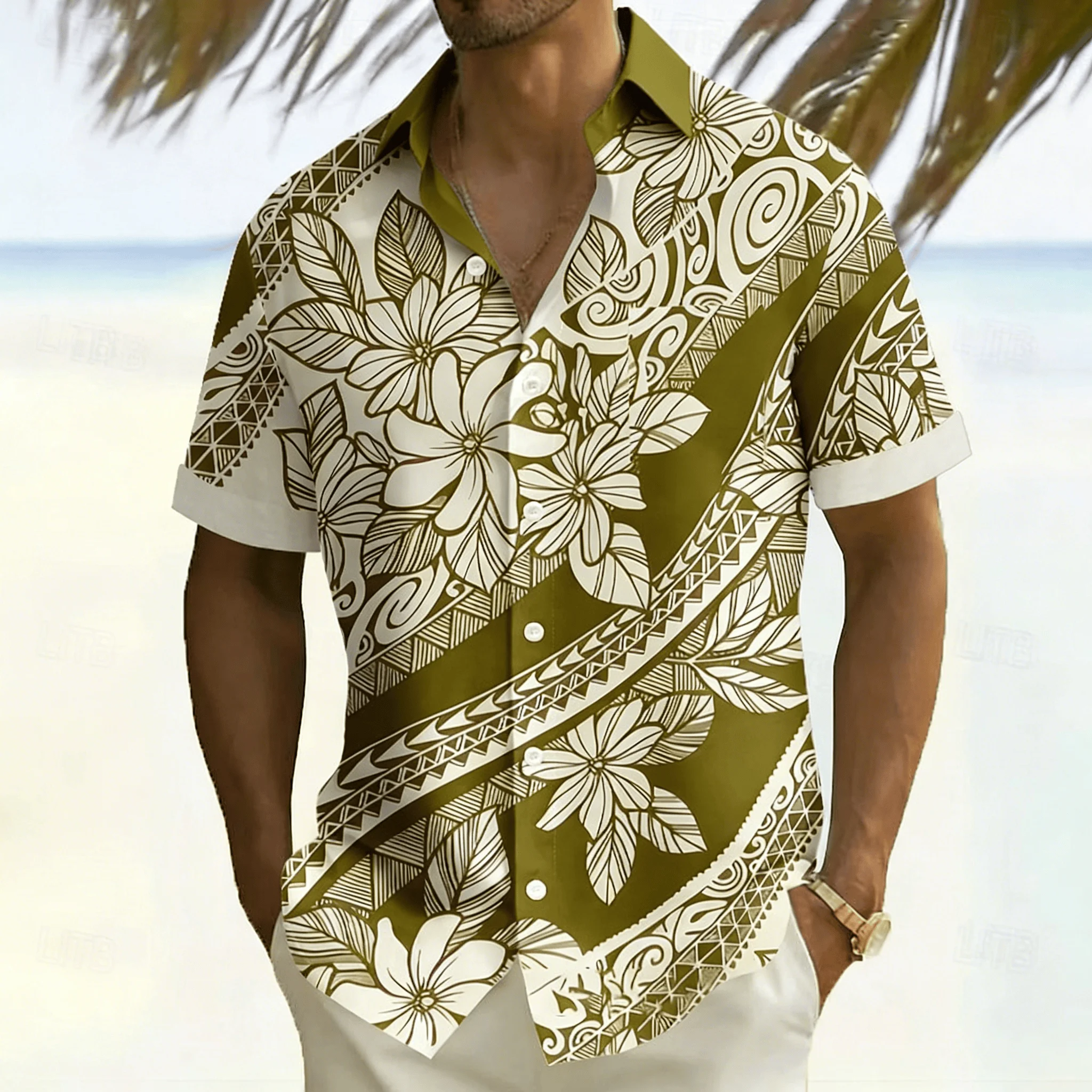 

Men's Polynesian Tribal Floral Print Short Sleeve Shirt, White Samoan Style Design Button Down for Spring Summer
