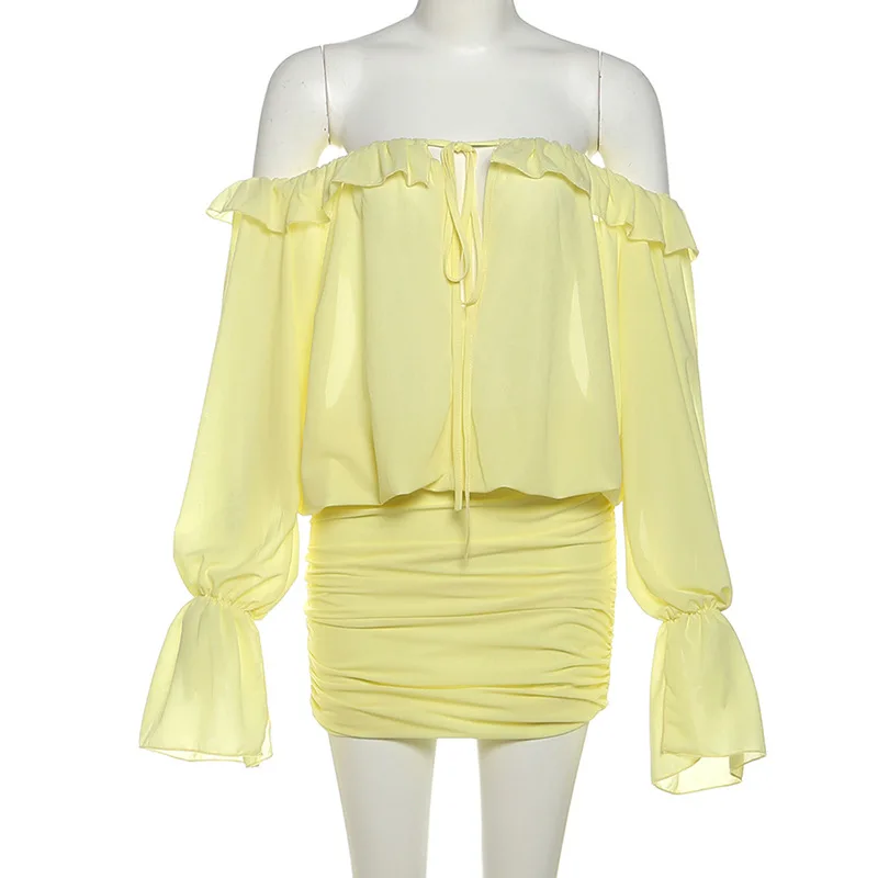 Mini robe froncée à volants jaunes pour femmes, élégante et Sexy, col Slash, épaules dénudées, manches longues évasées, tenue de soirée, Clubwear