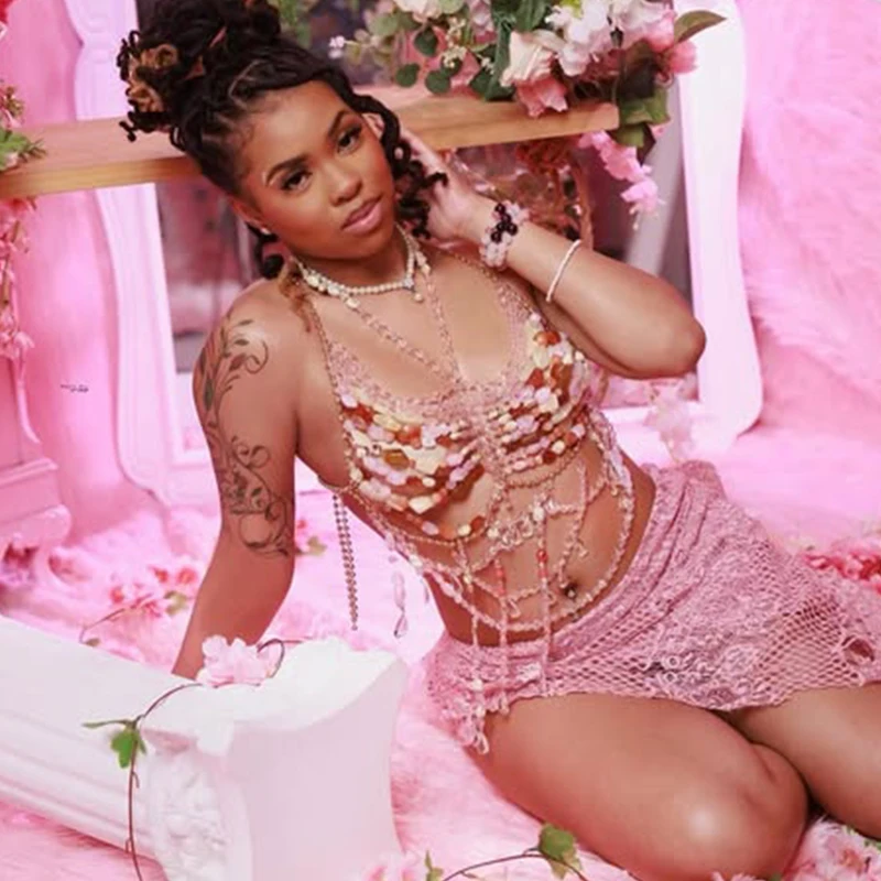 Trashy lingerie Pink Pearl Chain Harness - Women Accessories Pink Pearl Blossom Leather Cage Harness Bra – Crystals N Couture main image 2