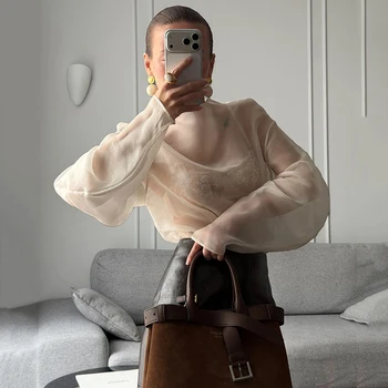 Linad Brown Mesh O-Neck Blouse 2 Linad Elegant Brown Mesh O Neck Blouse Women 2025 Sexy Apricot Sheer Shirt Female Autumn Street Chic Loose Long Sleeve Tops New 2
