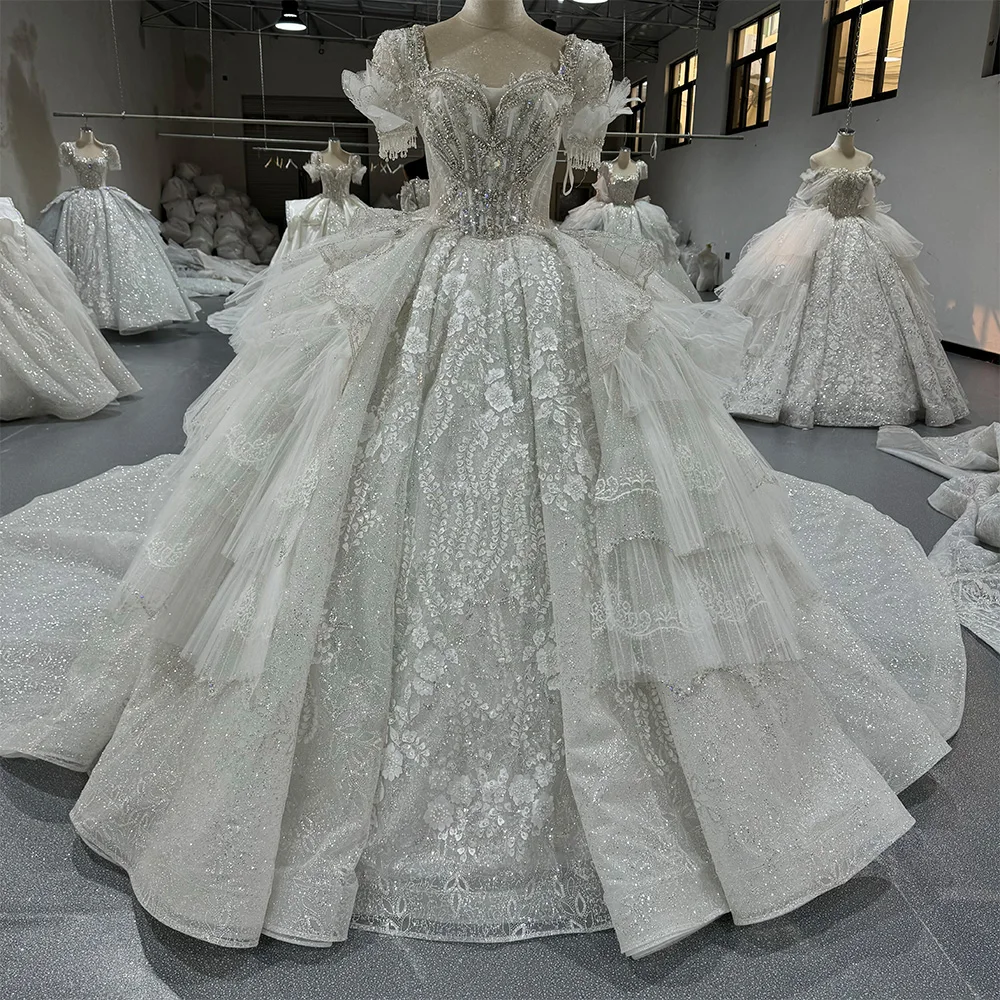 Romantique robe de bal de cuello carré vestido de novia de entreniento de la Corte de perlas vestido de novia de prince