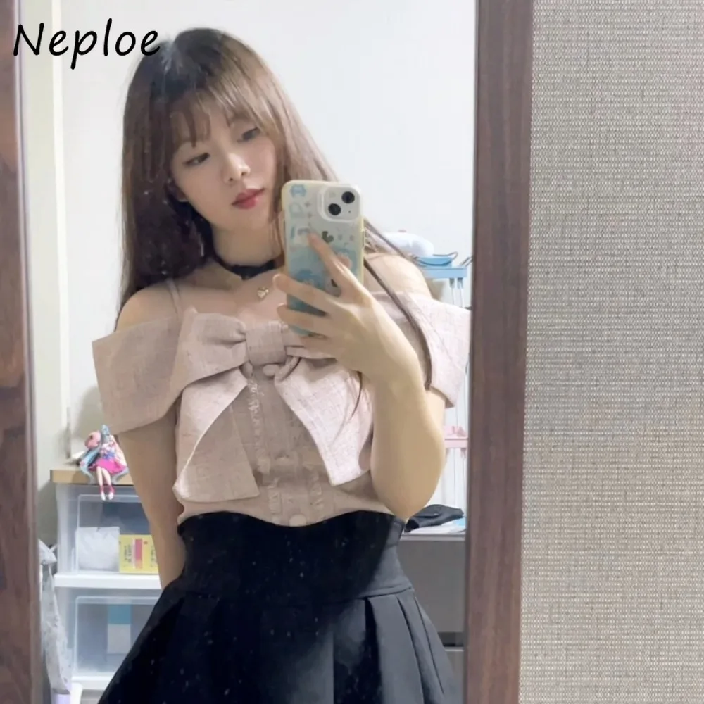 

Neploe French New Small Fragrance Casual Tops Bow Sweet Gentle Spice Girls Sling Shirt Japan Off Shoulder Slim Exquisite Blusa