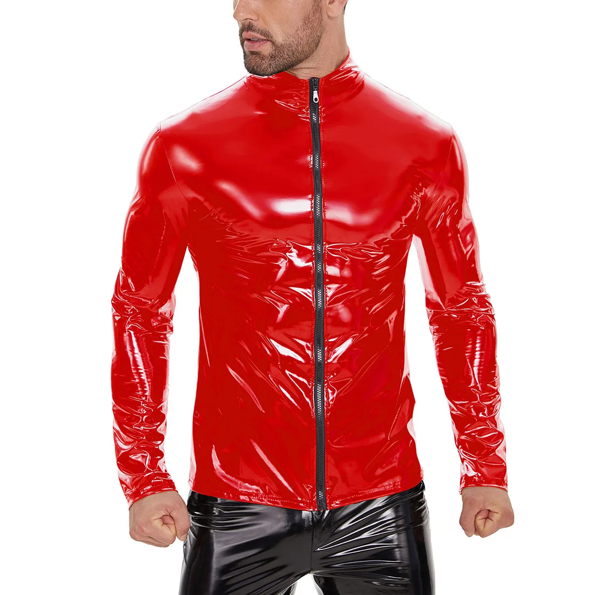 Mens Zip Shiny Wet Look Top Man Tee Sports Fitness Streetwear Glossy Body Shapers Nightclub Faux PU Leather Jackets Tshirt Tops