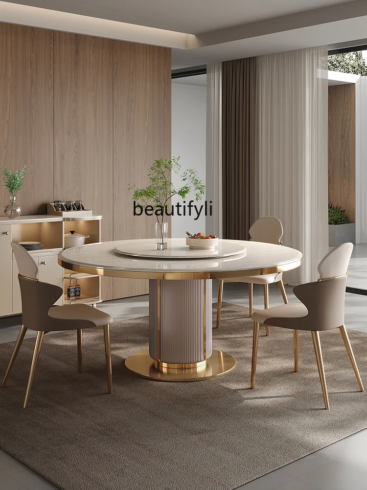 Light luxury marble dining table and chairs with turntable European style high-end platinum diamond luxury stone home