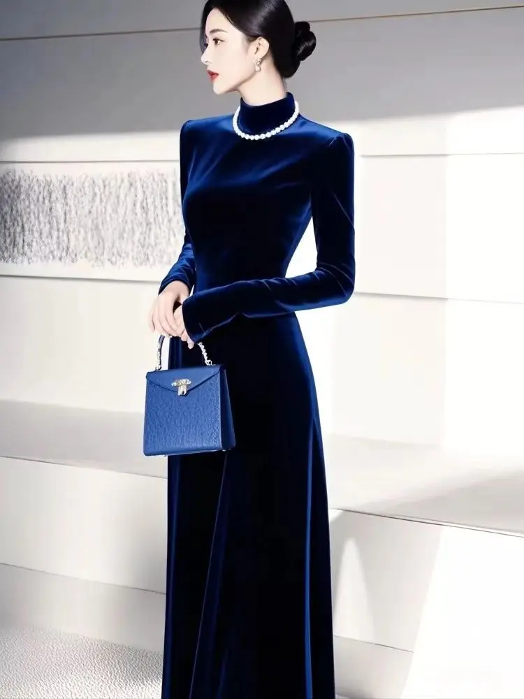 2025 ฤดูใบไม้ผลิฤดูใบไม้ร่วงผู้หญิง STAND COLLAR Elegant แขนยาว Slim ยาว Navy กํามะหยี่ชุดผู้หญิงฤดูใบไม้ร่วง Slim Velour Dresses