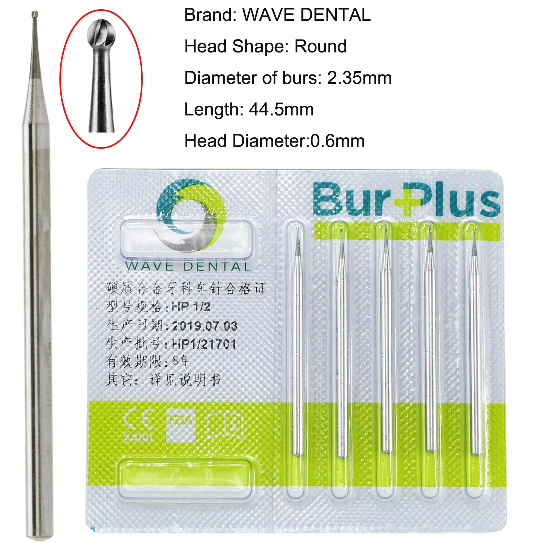 Wave Dental Burs Surgical Carbide PRIMA For Straight Handpiece HP1-2 Round 44.5mm