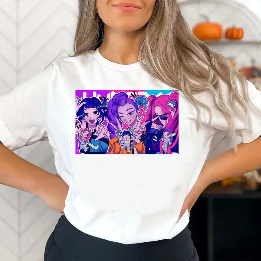 

Kpop Demon Hunter Top Tees Women University Streetwear Psychedelic 80s Punk Top Tees Colorful Hip Hop Pastel Anime Aesthetic Top