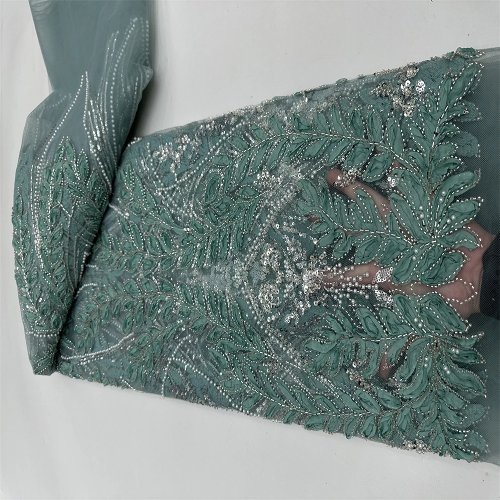 French 3D flower bud silk fabric beaded sequin embroidery wedding dress, Nigerian African-style party wedding dress