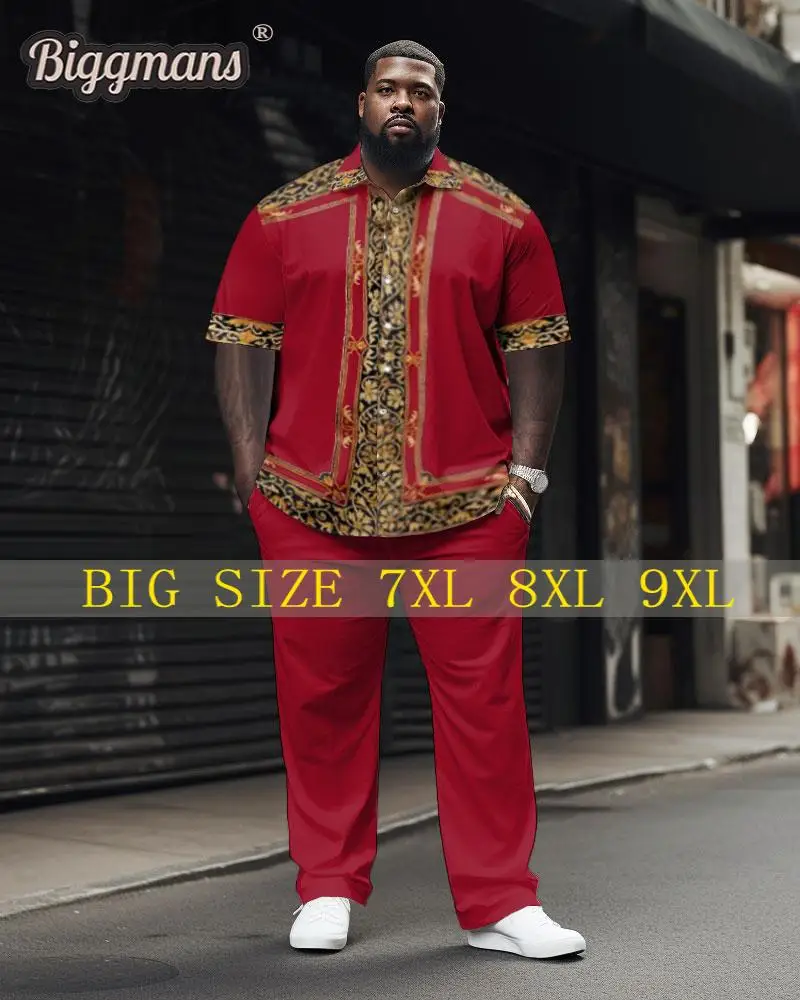 Biggmans Casual Two Piece Sets Shirt for Men's Clothing Elegant Classic Geometric Short Sleeve Pants Big Plus Size Suit