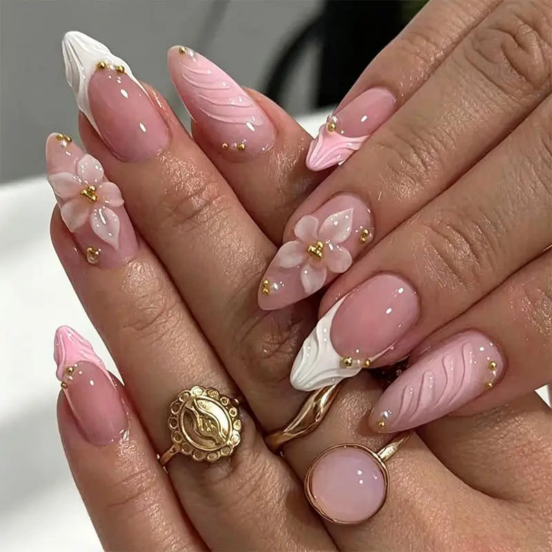 24Pcs Artificial Wearable Tips With Glue 3D Pink Flower Almond Press On False Nails With Yellow French Rhinestone Fake Nails