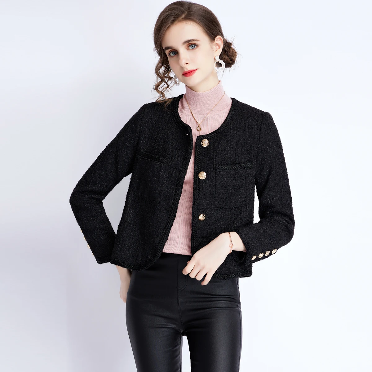 

High Quality Nice Autumn Winter Black Tweed Single-Breasted Jacket Coat Female Office O-Neck Long Sleeve Woolen short Outwear