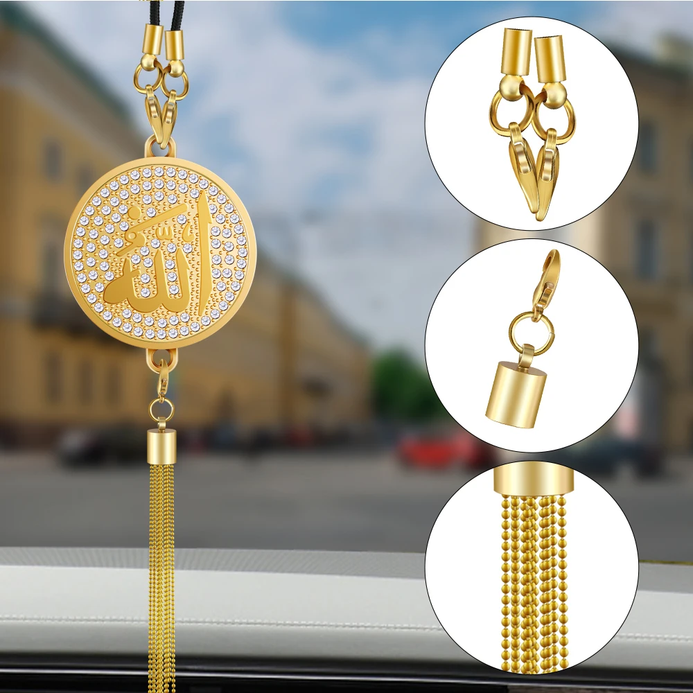 New Diamond Metal Car Badge Rearview Mirror Pendant Arabic Muslim Islamic God Allah Emblem Auto Interior Hanging Ornaments Acces