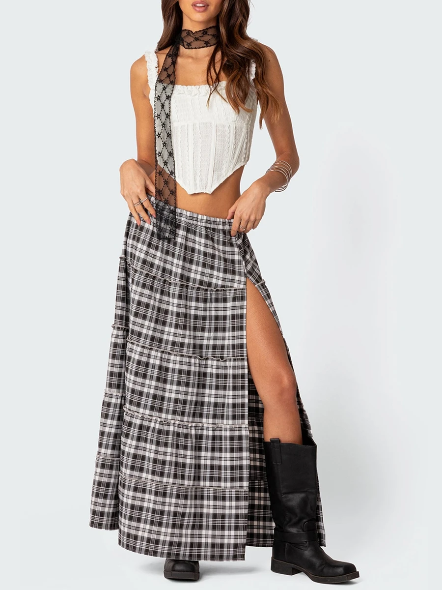 Women 2024 Summer Plaid Tiered Maxi Skirt Elastic High Waist Flowy A Line Long Skirt Vintage Gingham Swing Midi Skirt