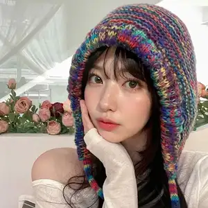 Women's Vintage Stripe Beanie Japanese Gradient Wool Knit Hat, Handmade Crochet Winter Bucket Hat, Thick Warm Soft Unisex Cap
