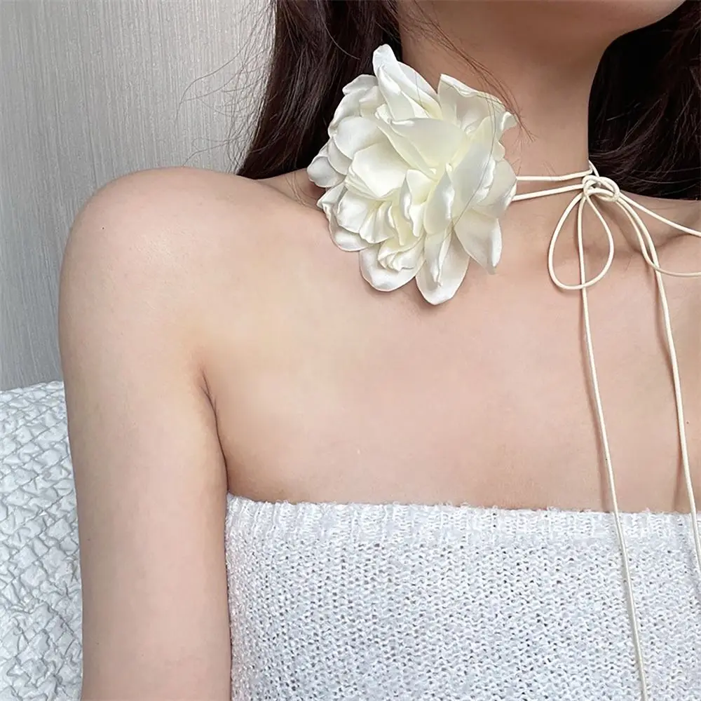 Long Rope Rose Flower Choker French Style Adjustable Wedding with Large Flower Neck Accessories Romantic for Wedding Party