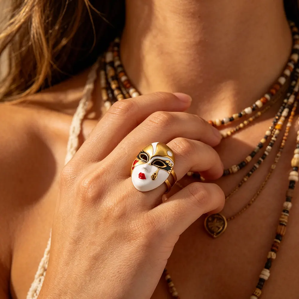 Stainess Steel Enamel Mask Ring Flower Pearl Open Ring Women Gothic Irregular Tylish Unique Texture Metal  Finger Jewelry Gift