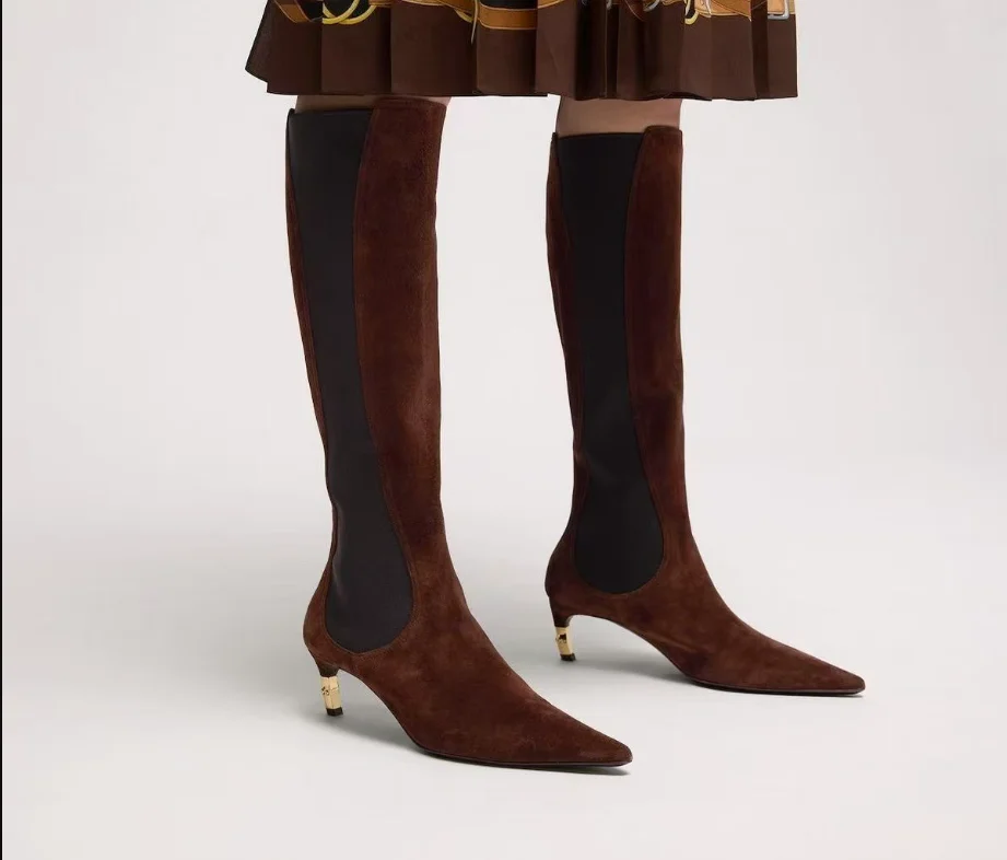 New Autumn/Winter Women's Brown Suede Knee-High Boots Pointed Toe Kitten Heels Elastic Panel Side Zip Fashion Vintage Long Boots