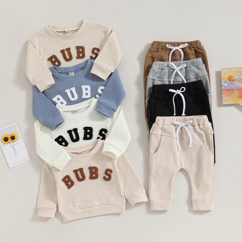 2023-07-17 Lioraitiin 0-3T Toddler Boys 2PCS Pants Sets Long Sleeve Letter Embroidery Tops and Drawstring Pants Sets