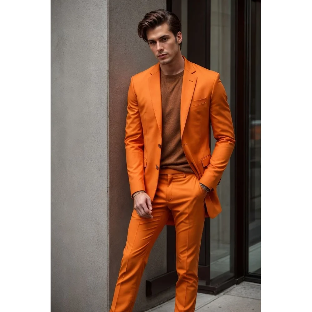 Slim Orange Single Breasted Men Suit Two Pieces(Jacket+Pants) Lapel Outfits Chic Casual Party Prom Wedding Set