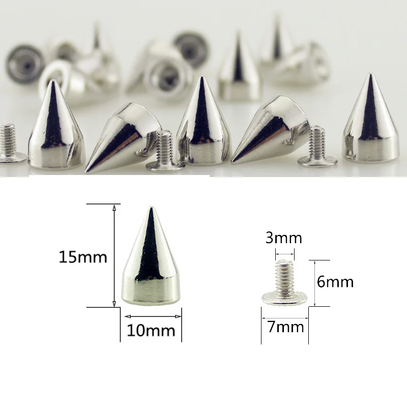 20 יח'\אריזה 10x15mm כסף חתיכים חרוט Spikes לבגדים Screwback DIY קרפט מגניב פאנק בגד מסמרות עבור עור/תיק/נעליים
