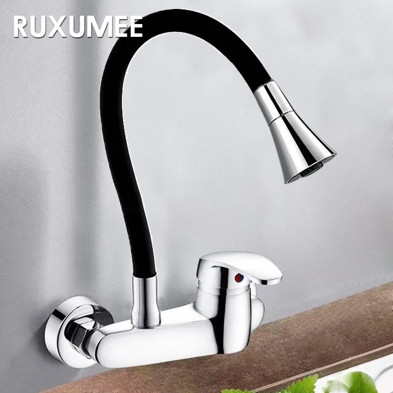 Grifo de cocina Flexible giratorio de pared 360, cromado pulido, 2 modos, grifos para fregadero de agua fría y caliente, negro y plateado