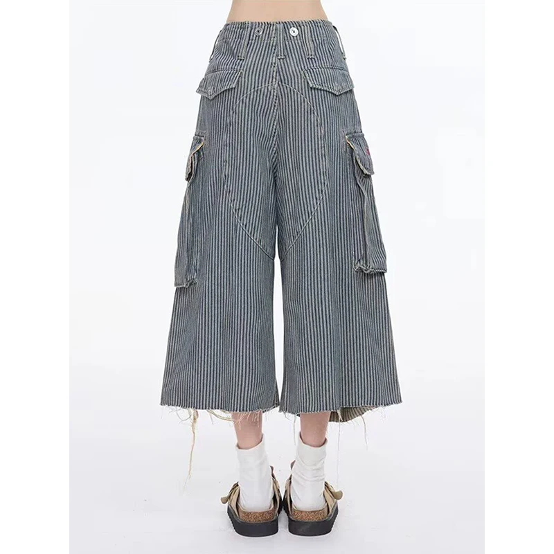 Summmr Women American Retro Jorts Striped Boyfriend Cargo Jean Shorts Y2K Japanese Denim Capris Pants High Street Design Chic Ne
