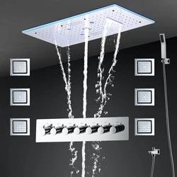 24x12 Inch 600x300mm Bluetooth Music LED Shower Head Panel Faucet Rain Mist Waterfall Column Thermostatic Mixer Valve Set