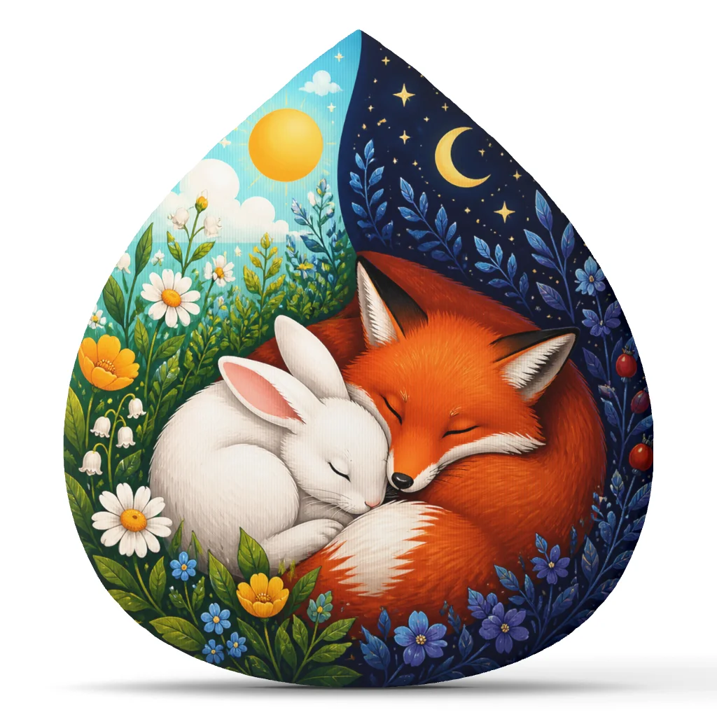 Day Night Fox Rabbit Throw Pillow Woodland Animal Cushion Irregular Stuffed Plush Floral Home Decor Gift for Bedroom Sofa