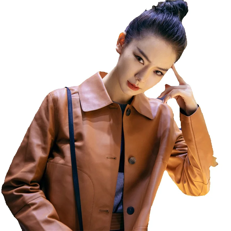 Spring Qi Wei Genuine Leather Coat Women's Short Sheepskin Slim Fit Jacket Square Neck Coat